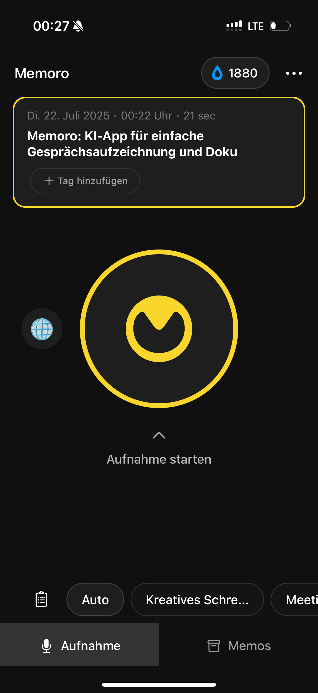 Memoro recording screen